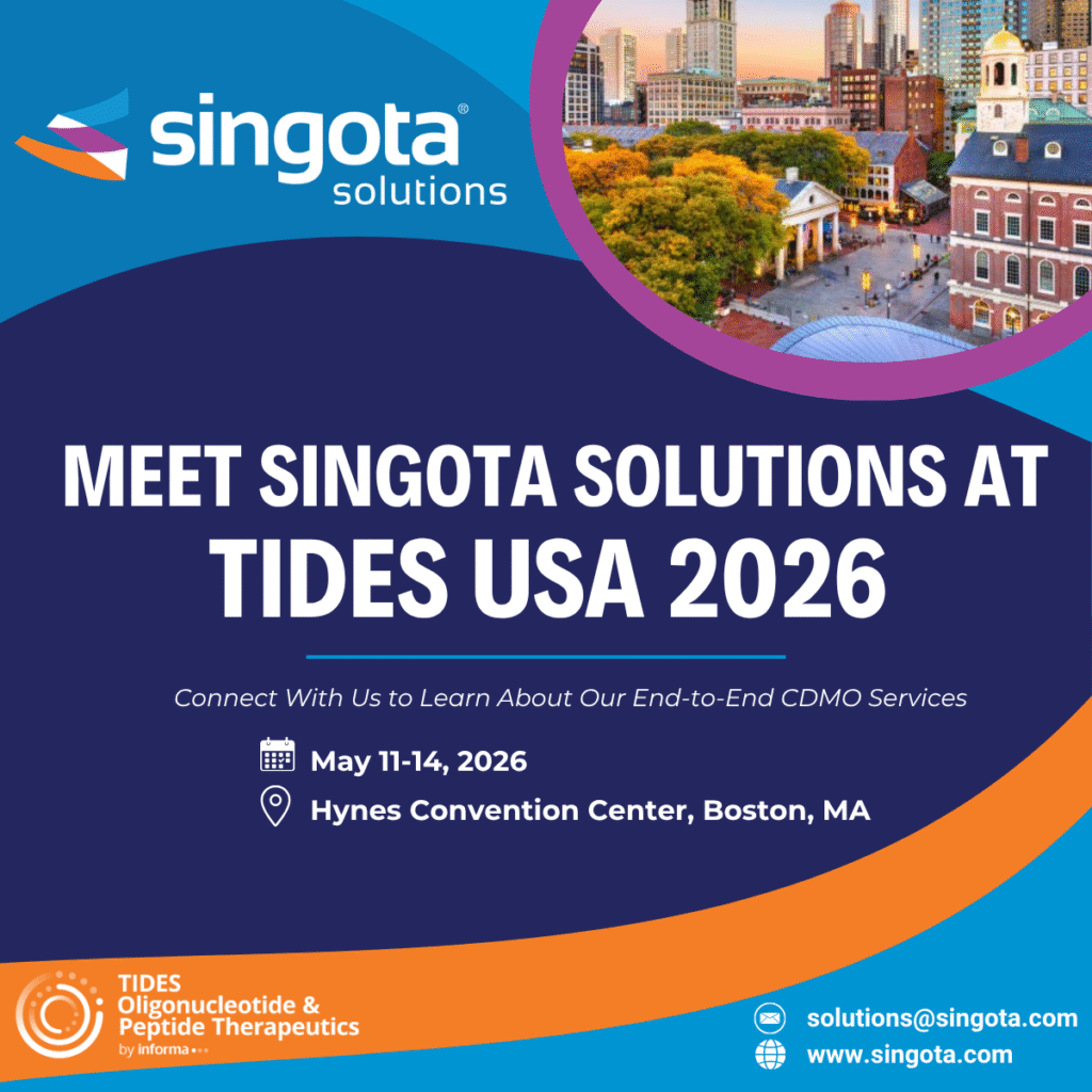 Event poster for Singota Solutions at TIDES USA in Boston MA May with city photo in a circular frame and bold white title text on blue background tides usa 
