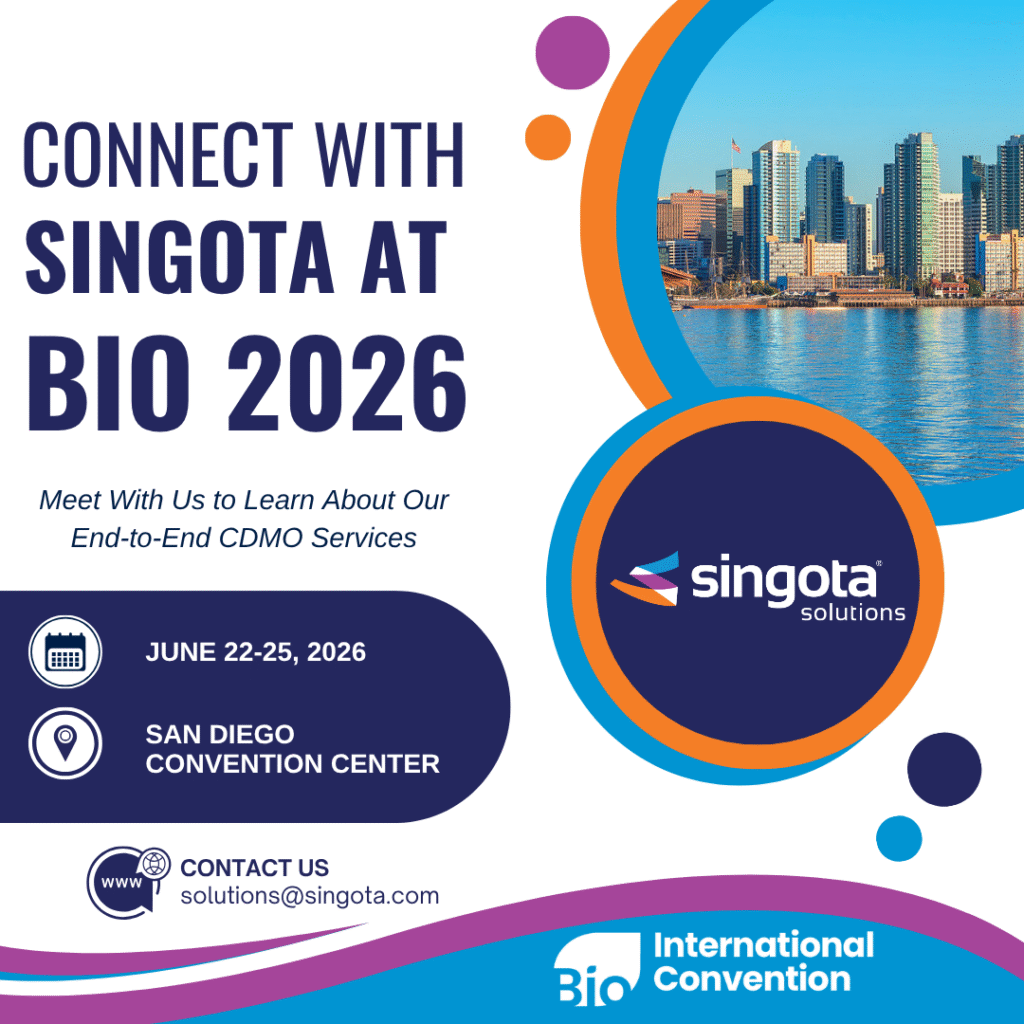 Promotional poster announcing Singota at BIO with city skyline graphic and Singota logo event dates and venue in bold navy shapes bio bio